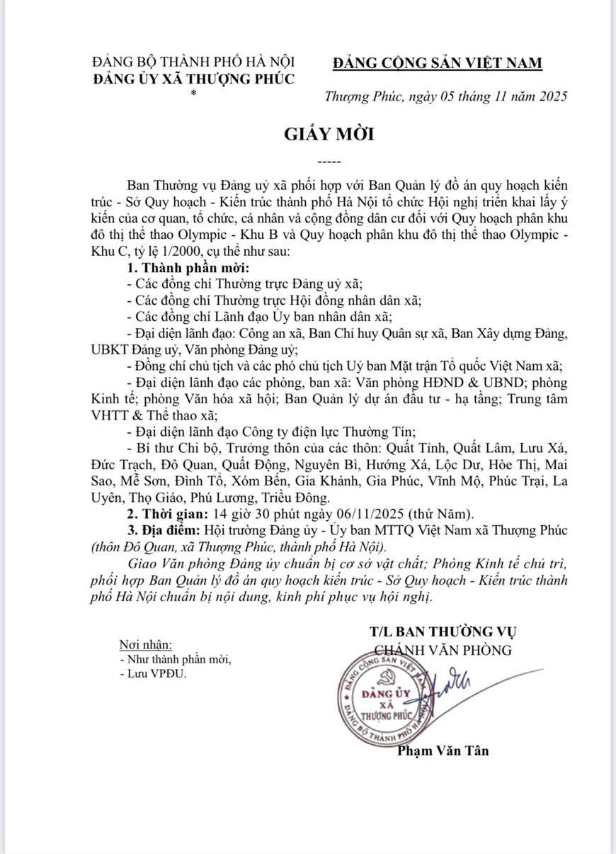 Giấy mời hội nghị lấy ý kiến quy hoạch tại xã Thượng Phúc – ngày 06/11/2025