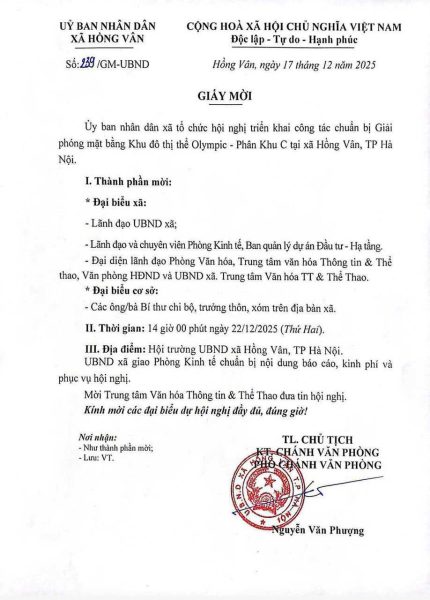 Giấy mời nêu rõ thời gian họp (14:00 – 22/12/2025), địa điểm (Hội trường UBND xã Hồng Vân) và nội dung: chuẩn bị GPMB Khu đô thị thể thao Olympic – Phân khu C.