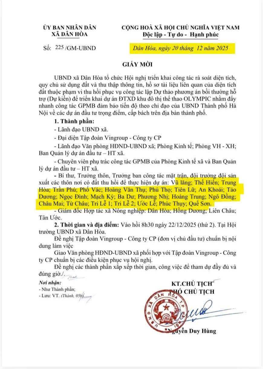 Văn bản/giấy mời họp và nội dung triển khai liên quan Vinhomes Olympic (anh chị có thể đối chiếu thêm tại trang quy hoạch 1/500).